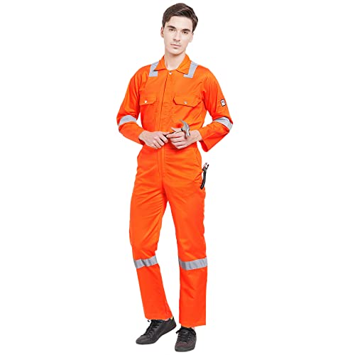 Image of MEN'S 100% COTTON FIRE RETARDANT INDUSTRIAL WORK WEAR COVERALL BOILER SUIT WITH REFLECTIVE TAPE 245 GSM (L - 40, ORANGE)
