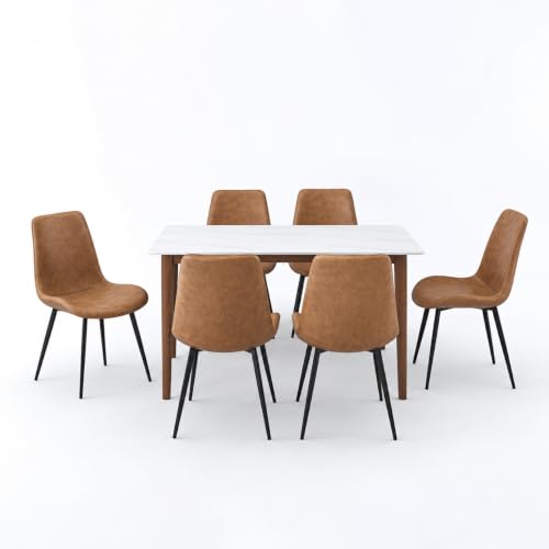 Image of Nebula Six Seater Faux Marble Dining Set | 15mm Sintered Stone Dining Table | Upholstered Metal Chairs | Solid Wooden Frame | Snow White (DIY Assembly)