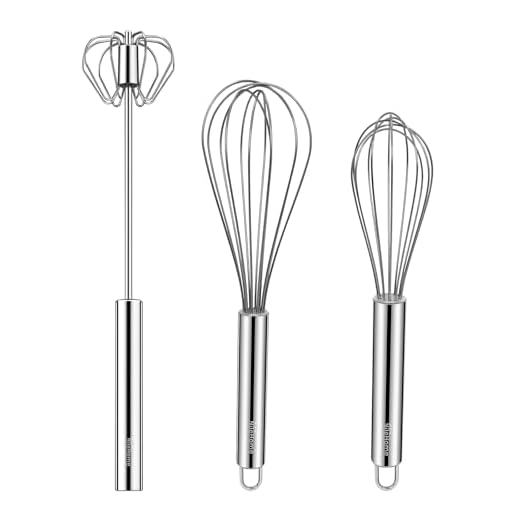 Nilehome Stainless Steel Whisk Set 8" 10" Hand Blender + 12" Semi-Automatic Rotary Kitchen Whisk Balloon Whisk Kitchen Wisk Wire Whisks For Cooking, Whisking, Blending, Beating, Stirring- 3 Pack...