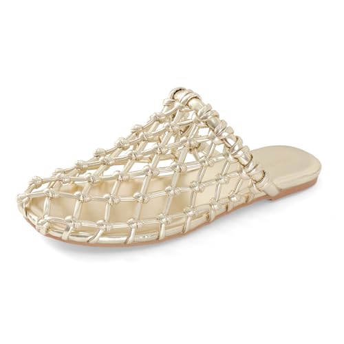 Mesh Slide Sandal Flats for Women Ballerina Hand-weaving flats Slip On Open Weave Mary Jane Shoes for Casual Summer Beach
