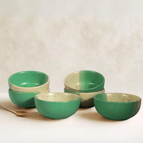 Image of Freakway Handmade Dual-Tone Ceramic Bowls Set of 6 - Speckled Green & White Serving Bowls