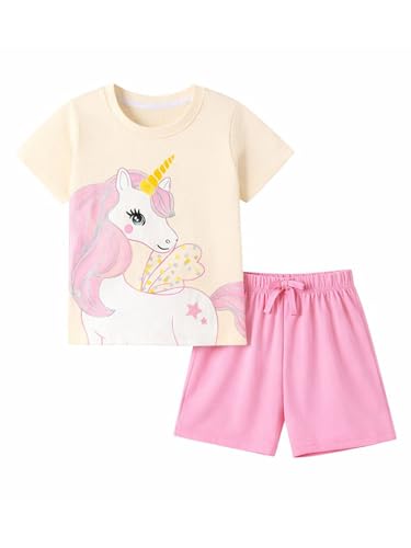 Image of HILEELANG Girls Cotton Short Set Summer 2 Piece Outfit T Shirt Shorts | 100% Cotton, Soft Breathable Fabric, 2 Piece Outfit Set, Elastic Waist, Summer Comfort for Toddler Little Girls