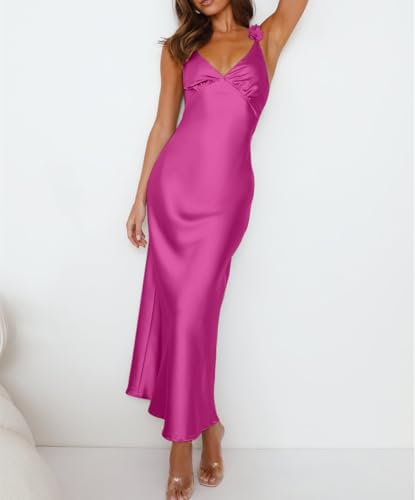 Image of Phicia Summer Satin Spaghetti Strap V Neck Midi Dresses for Women Wedding Guest Elegant Flower Backless Cocktail Formal Dress