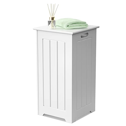 FANTASK Wäschesammler freistehend, Wäschetruhe Holz, Wäscheschrank mit Deckel, Lagerschrank Badezimmer, Weiß