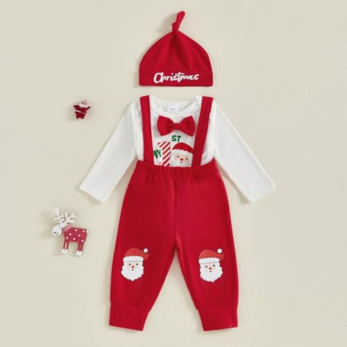 Karuedoo My 1st Christmas Baby Boy Outfit Letter Print Long Sleeve Bowtie Romper Suspender Pants with Hat 3Pcs Clothes Sets 6