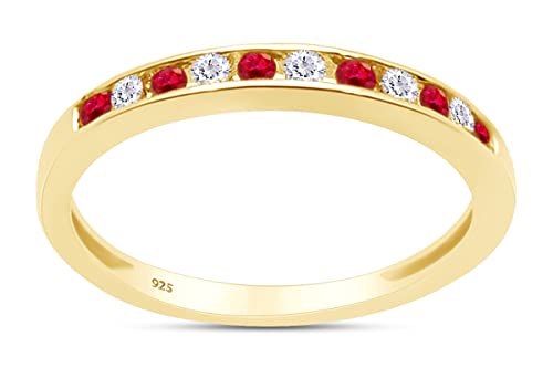 AFFY Round White Natural Diamond & Simulated Pink Ruby Half Eternity Stackable Wedding Band Ring In 14K Gold Over Sterling Silver For Women (Clarity : I2-I3, Color : I-J, 0.25 Cttw)