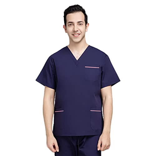 niaahinn universal hospital scrubs top for women & men Modern v-neck with 3 pockets breathable slim fit scrubs ?8colors? (Navy Blue,Small,Small)