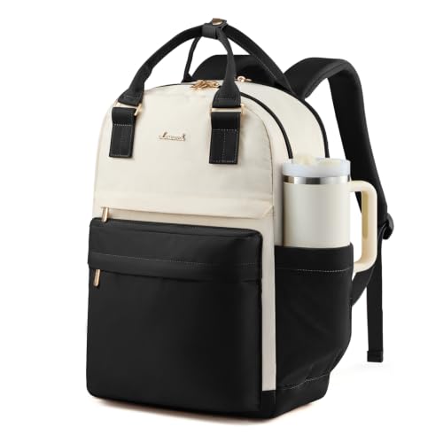 Image of LOVEVOOK Laptop Backpack for Women with Giant Tumbler Holder Pocket, 15.6 inch Laptop Computer Bag Travel Backpack Purse, Waterproof Work Nurse Teacher Bag College School Bookbag, Black & Beige