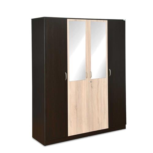 Image of Nilkamal Willy Neo 4 Door Wooden Wardrobe with Mirror for Bedroom | Almirah with 7 Shelves, 2 Hanging Rods, 1 Lockable Drawer | Clothes Cupboard | Engineered Wood | Wenge & Sonoma Oak