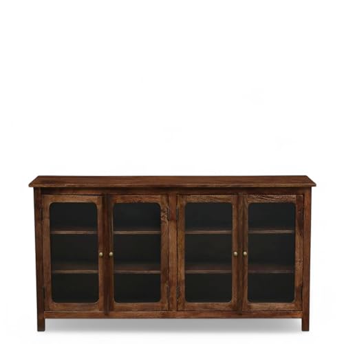 Image of Solid Wood Madrid 4-Door Glass Sideboard Cabinet | Crockery | Kitchen Cabinet | Finish - Scratch Resistant Tubaq