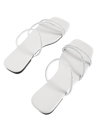 Image of GORGLITTER Women's Rhinestone Wedding Flat Sandals Sparkly Strappy Glitter Dressy Slip on Bling Bridal Prom Cute Slide Shoes