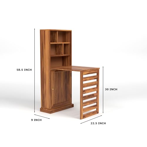 Image of Solid Sheesham Wood Foldable Study Table with Bookshelf & Storage Cabinet | Rosewood Study Desk for Home & Office (A-Honey Finish)