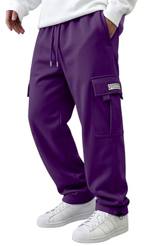 HUNGSON Mens Cargo Sweatpants Drawstring Casual Hiking Pants Joggers Athletic Trousers Cotton Loose Straight Pants for Men Purple