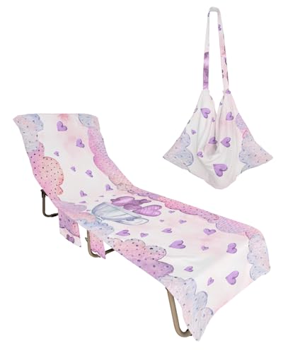 Purple Love Heart Valentines Day Beach Lounge Chair Towel Cover, Soft Chaise Lounge Towel with Side Pockets Patio Pool Chairs Cover for Beach/Pool Sunbathing 29x85 Romantic Love Heart