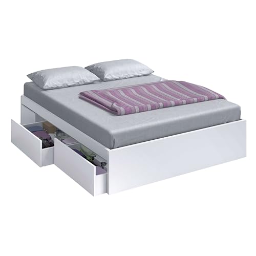 Habitdesign Estructura Cama Matrimonio con 4 Cajones, 156x196x37 (AnchoxFondoxAlto-en cm), Estructura Cama Doble Color Blanco Artik, Modelo Kendra (Sin Somier)
