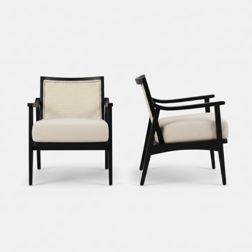 Image of APRODZ Mango Wood Arm Chair for Living Room with Cane Back & Wooden Armrest | Solid Wood Chair for Home Use Bedroom Dining Drawing Room and Balcony | Solid Wood Accent Chair, Black Finish