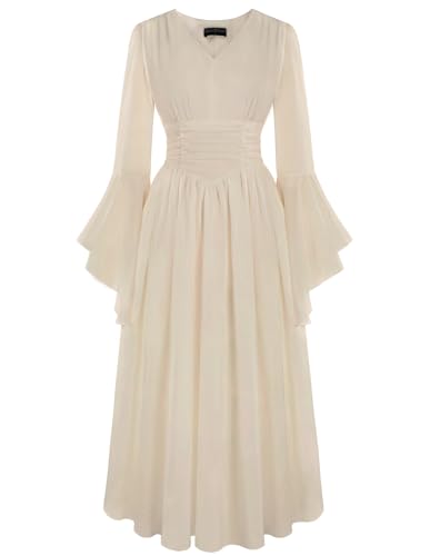 SCARLET DARKNESS Robe longue Renaissance pour femme avec col en V, manches longues, froncée sur le devant et poches, abricot, M SCARLET DARKNESS Robe longue Renaissance pour femme avec col en V, manches longues, froncée sur le devant et poches, abricot, M