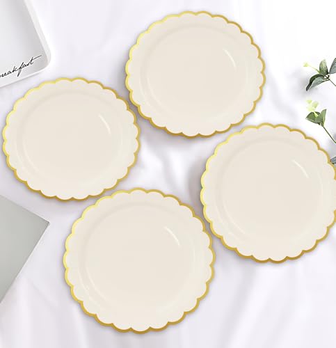 Image of HEIPINIUYE 50 Pieces Ivory Paper Plates with Gold Foil 9 Inch Disposable Ivory Scalloped Dinner Plates for Wedding Baby Shower Birthday Party Dessert Plate
