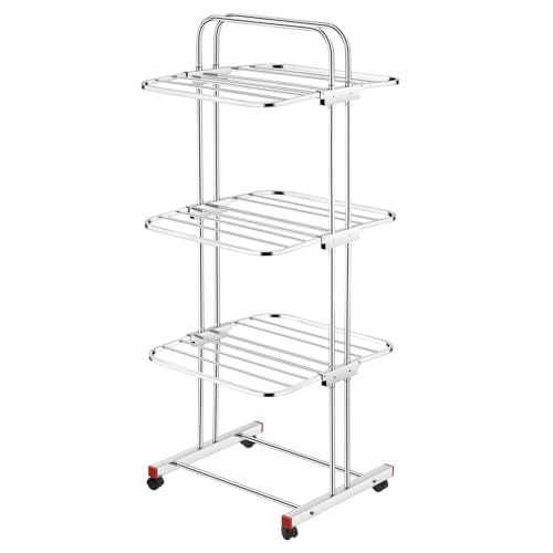 Image of Rubby Heavy Duty Cloth Dryer Stand with Installation Kit, 3 Tier Stainless Steel Drying Rack with Lock Wheels, Net Weight (7.3 Kg)