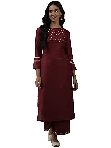 Rangpreet Wine Embroidered Straight Kurta with Trouser Set(9117NKS1061S)