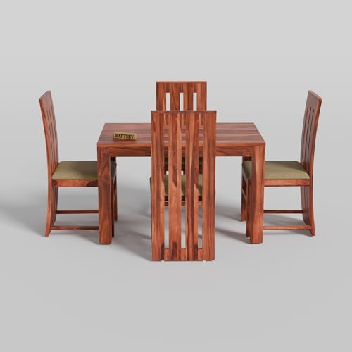 Image of 45 Inches Length Solid Sheesham Wood 4 Seater Dining Table Set | Four Seater Dinner Table with 4 Cream Cushions High Chairs| Dinning Table Set 4 Seater for Living Room| Honey Finish