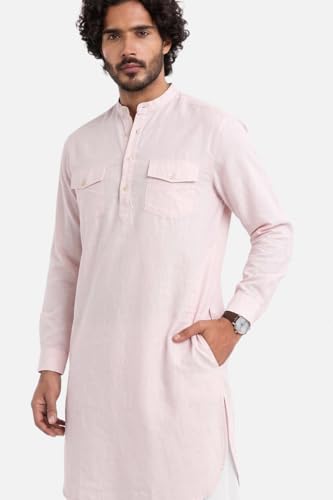 Image of SNITCH Men Casual Kurta Shirt | Regular Fit Full Sleeve Mandarin Collar Solid Pattern | Premium Cotton Linen Blend & Breathable Fabric for Festive Season & Holiday Wear