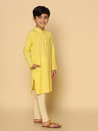 Image of KISAH Kid's Full Sleeves Cotton Blend Knee Length Printed Peach Kurta Elastic Dhoti Set for Men