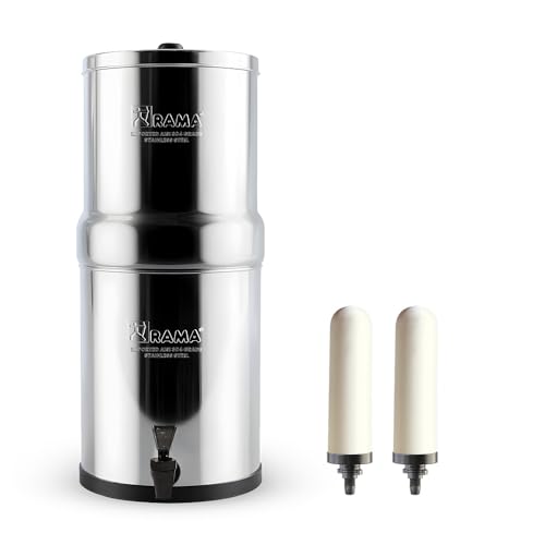 RAMA Gravity Water Filter | 24L Total Capacity (12L Storage) | 304 Grade Stainless Steel Non Electric Water Purifier Filter for Home | Includes 2 Spirit 7" Ceramic Candles & 10-Year Warranty