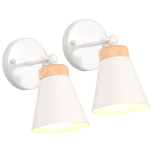 iDEGU 2 Pcs Apliques Pared Interior LED Lámparas de Pared para Dormitorio E27 Iluminación de Madera con Rotación de 180° Mordern Lámpara de Techo Luz de Pared para Pasillo Salon Sala de Estar (Blanco)