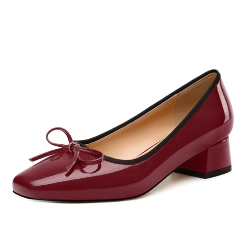 Womens Low Heel Pumps, Square Toe Block Heel Pumps for Women, Leather Insole Comfort Daily Pumps with Bow Tie 1.3