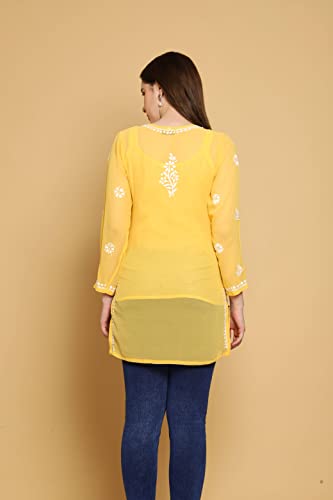 Image of Ada Women's & Girl's Georgette Hand Embroidered Lucknow Chikankari Regular Fit Short Kurti Top with Slip A911300