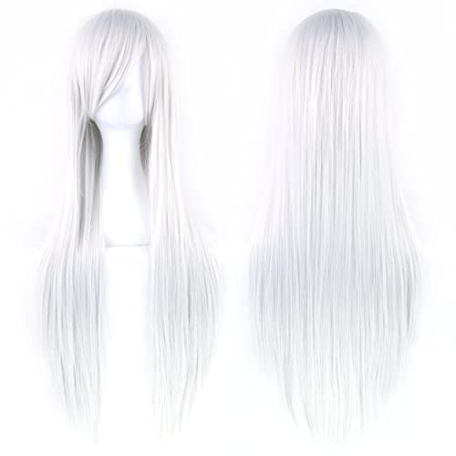 IMISSU Pelucas de Cosplay de pelo Natural liso de 80cm de largo con flequillo, peluca colorida de fiesta de disfraces de Halloween para niña (Blanco plateado) Cover