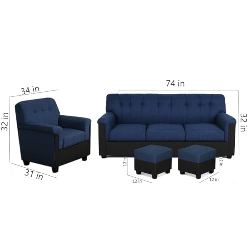 Image of Furny Woodsavo 5 Seater Sofa Set with Velvet Fabric, 3+1+1+2 Puffy Sofa Set for Living Room (Blue-Black Color) | Soft Velvet Fabric | Modern Design | Comfortable Seating | Living Room Furniture