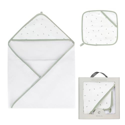 Image of Ely's & Co. Baby Hooded Towel and Wash Cloth Set, Thick Absorbent 100% Cotton Terry, for Newborn Baby Girl /Boy, Bath Towel 35x35 inch with Pocketed Wash Cloth 10x10 inch (Sage Pear Collection)