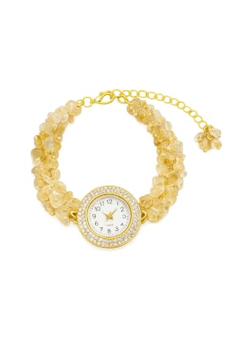 Image of ARKN Crystal Bracelet Watch for Women | Natural Gemstone Beaded Wrist Watch | Gold-Tone Dial with Rhinestone Bezel | Adjustable Fashion Jewellery Gift for Women & Girls