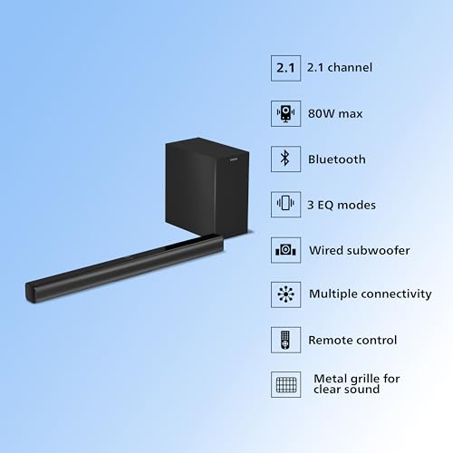 Image of Philips TAB4319 Soundbar: 2.1 CH 80W Wired Subwoofer, Powerful Bass Effect - Bluetooth, HDMI ARC & Multiple Connectivity