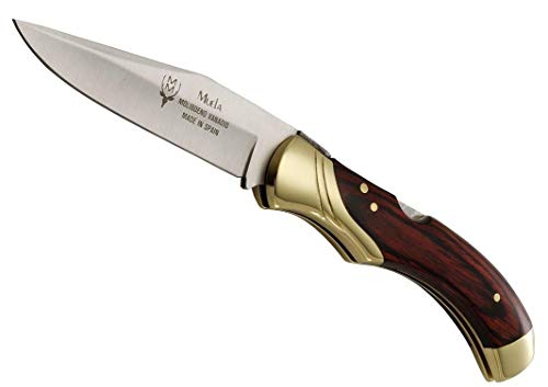 Muela Navaja GL-10R hoja de acero MoVa de 9,5 cm y empuñadura de madera prensada coral con alpaca para Caza, Pesca, Supervivencia y Bushcraft Realizado en Ciudad Real + Portabotellas de regalo