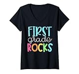 Womens vintage 1st grade teacher, first grade rocks V-Neck T-Shirt