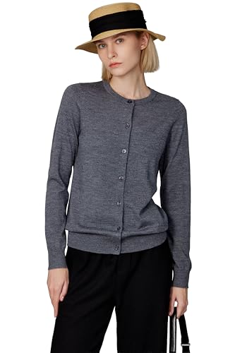 JENNIE LIU Women's 100% Merino Wool Crewneck Cardigan Sweater | Ultra Soft Machine-Washable Fine...