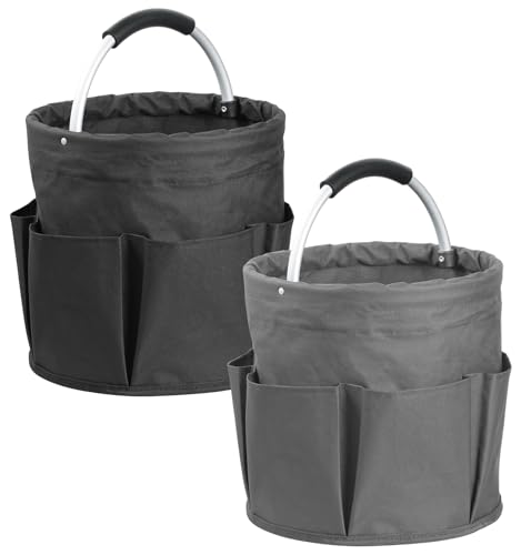 Image of 2Pack 17L Foldable Cleaning Supply Caddy with Handle, Portable Bucket Tool Organizer, Garden Tool Bag in 600D Oxford Fabric, Folding Storage Basket for Outdoor, Bathroom, Black + Dark Gray