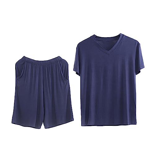 Talla Grande Pijama Hombre Corto Conjunto Verano Camiseta Manga Corta y Pantalones Cortos con Bolsillos Ropa de salón per Hogar Casual (Color : Blue Vneck, Size : 5XL)