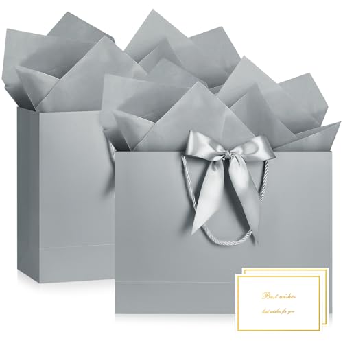 Image of JMANNI Gift Bags with Handles, 13 inch Medium Gift Bag for Presents, 2 Pcs Bags with 4 Tissue Paper and 2 Cards for Baby Shower Wedding Bridal Shower Mother's Day Birthday Party(champagne)