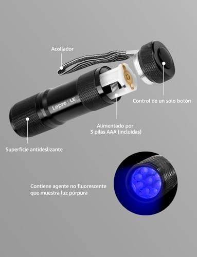 LE Small UV Flashlight, Portable Black Light with 9 LEDs, 395nm, Ultraviolet Light Detector for Invisible Ink Pens, Pet Dog Cat Urine Stain and more, AAA Batteries Included, Pack of 2