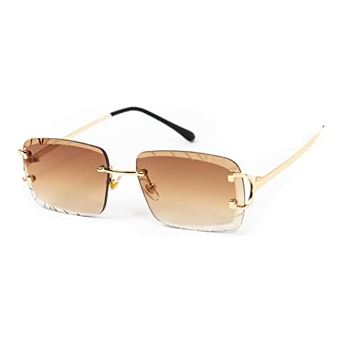 Street Knitted Rimless Luxury 90's Hip Hop Square Gem Cut Summer Beach Sun Glasses Retro Brown Orange Tint Shades Gold Wire Metal Frame Rectangular Diamond Cut Lens Frameless Sunglasses For Men Women Cover