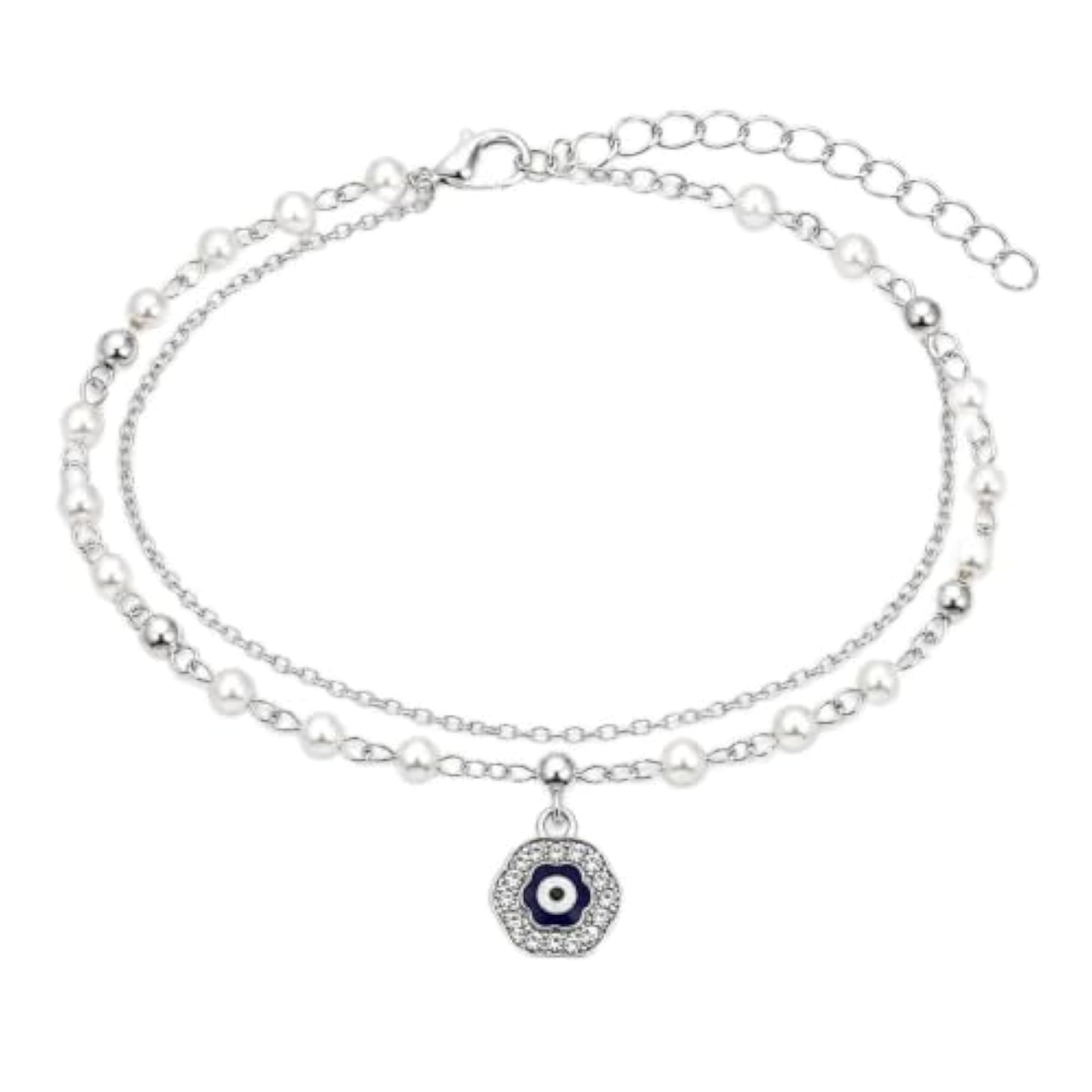 Evil Eye Pearl Anklet for Women & Girls, Silver