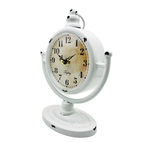 TRYLTRY Relógio de mesa vintage de metal branco, operado por bateria, silencioso, sem tique-taque, r