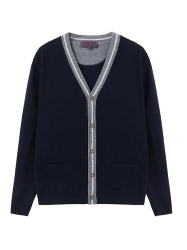 100% Merino Wool Sweater Cardigan for Men Buttons Contrast Placket Two Pockets Casual Long Sleeve Knit Tops