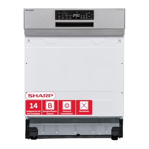 Sharp QW-NA25GS44BS-DE teilintegrierbarer Geschirrspüler, 60 cm, 14 Maßgedecke, Inverter-Motor, 8 Programme inkl. 14 Min. Kurzprogramm, Silber