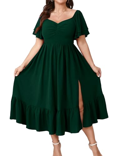 Image of SCOMCHIC Womens Plus Size Wedding Guest Cocktail Dresses Sweetheart Neckline Short Sleeve Smocked Ruffle Slit Maxi Dress