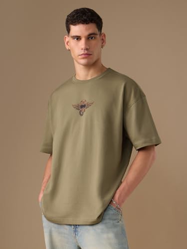 Image of The Souled Store Freedom: Wings of Honour Men and Boys Short Sleeves Round Neck Green Graphic Printed Heavy Gauge Fabric Oversized T-Shirt